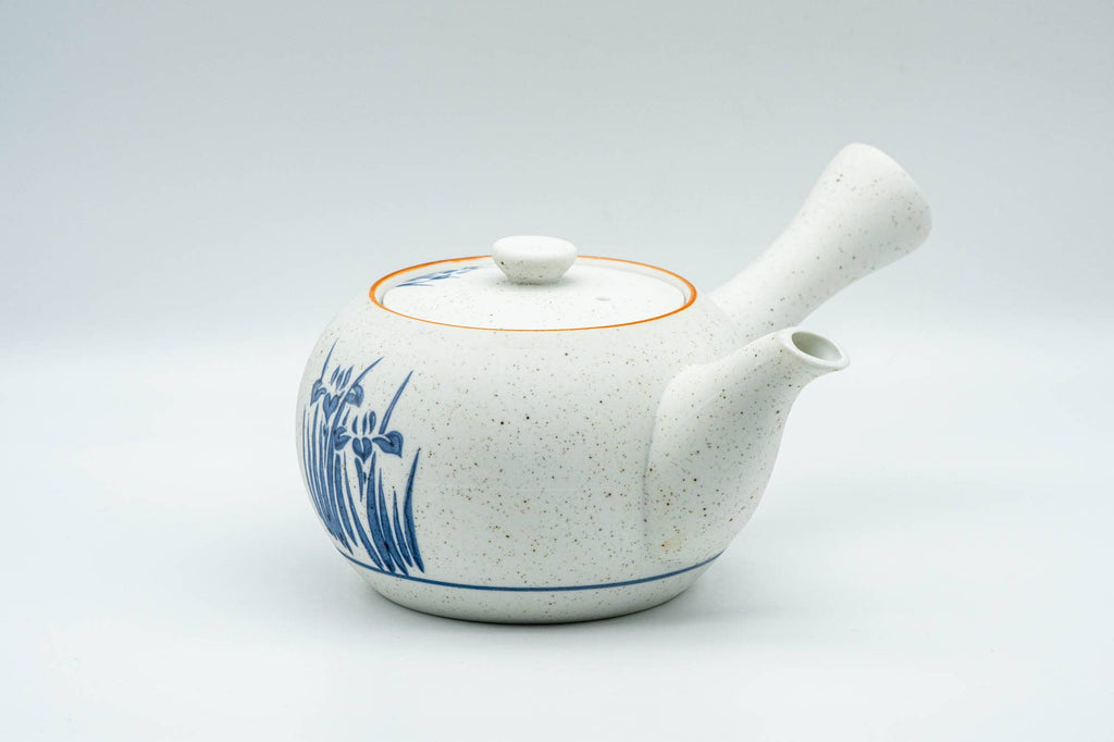 Japanese Tea Set - Blue Floral White Matte Glazed Arita-yaki Debeso Kyusu Teapot with 5 Yunomi Teacups