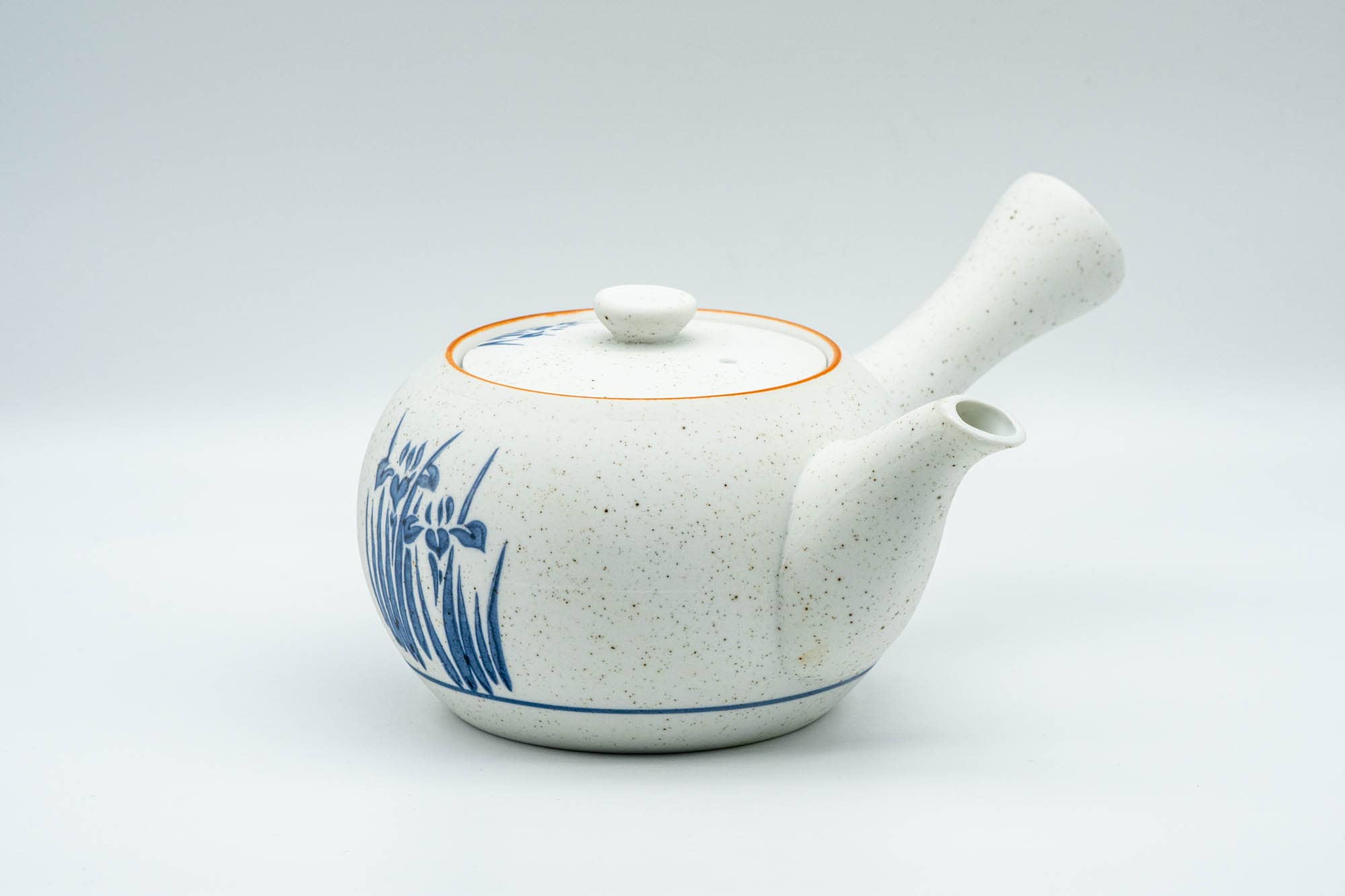 Japanese Tea Set - Blue Floral White Matte Glazed Arita-yaki Debeso Kyusu Teapot with 5 Yunomi Teacups