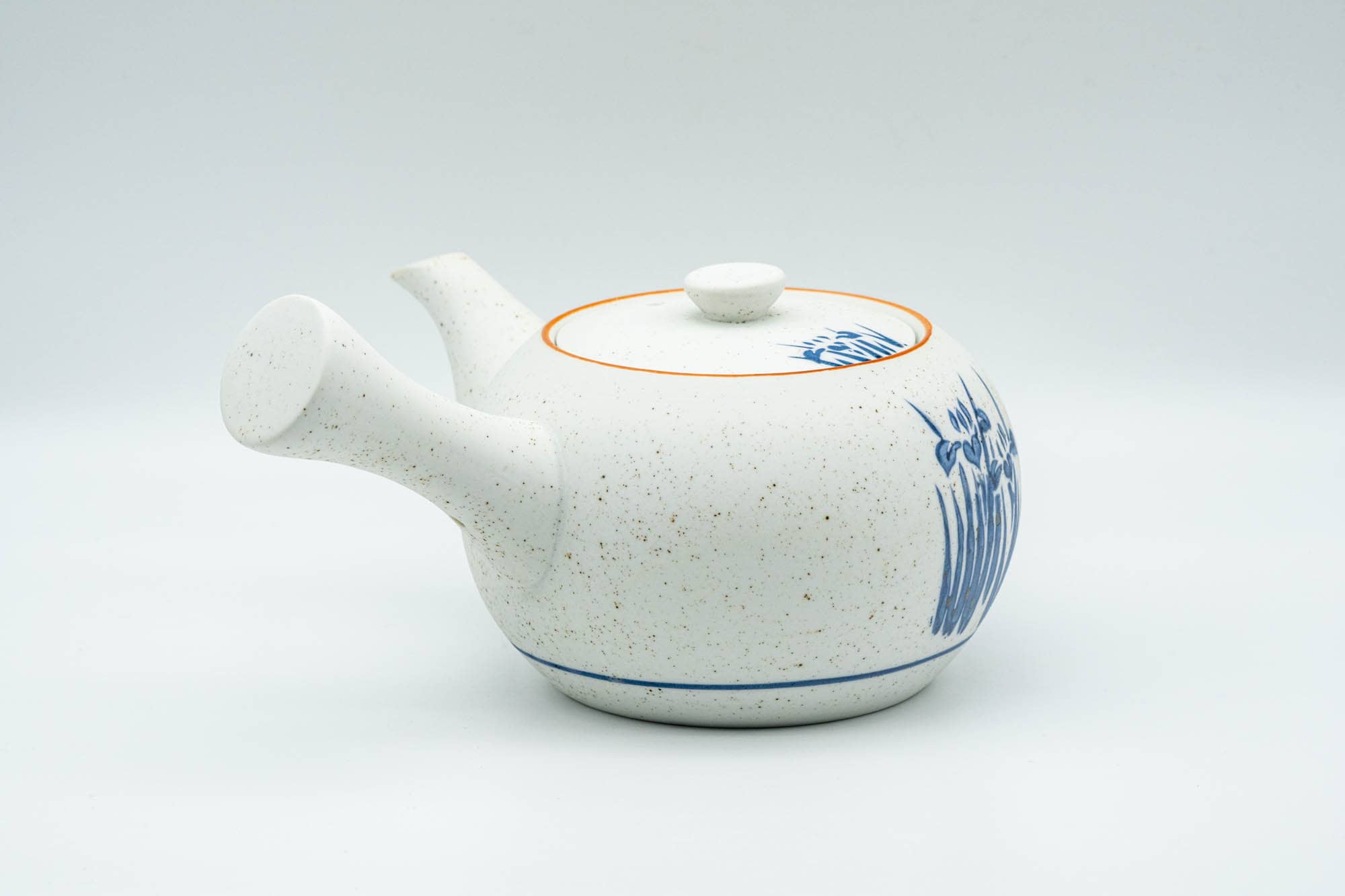 Japanese Tea Set - Blue Floral White Matte Glazed Arita-yaki Debeso Kyusu Teapot with 5 Yunomi Teacups