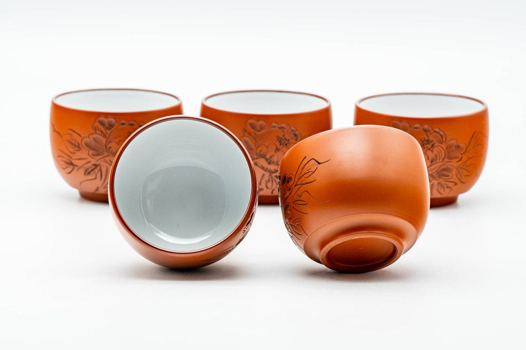 Japanese Tea Set - Floral Engraved Tokoname-yaki Kyusu Teapot with 5 White Inner-Glazed Yunomi Teacups