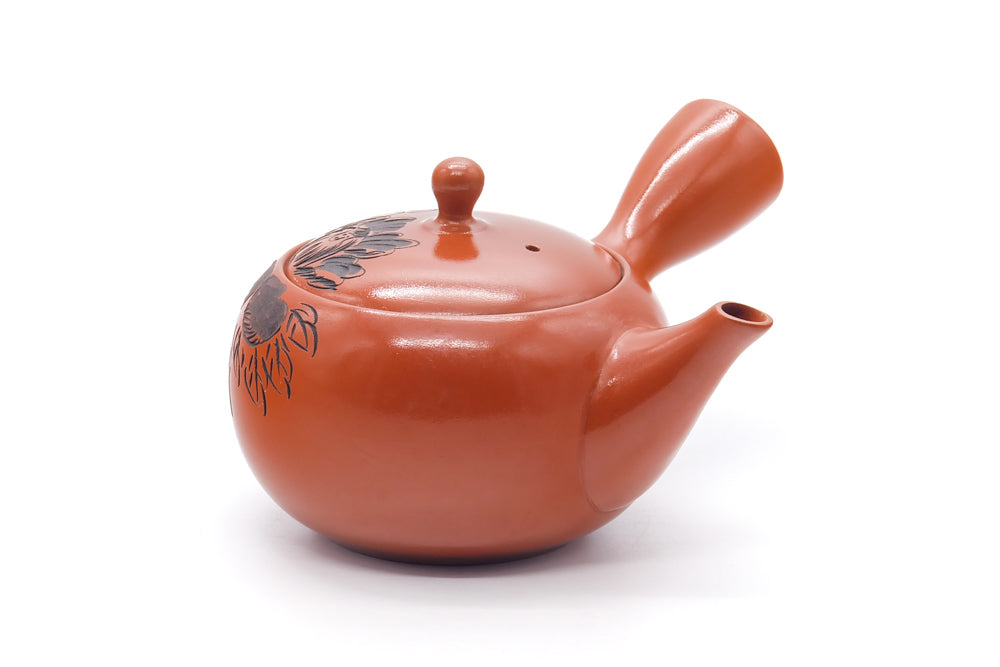 Japanese Kyusu - Engraved Floral Red Shudei Tokoname Mesh Teapot - 320ml