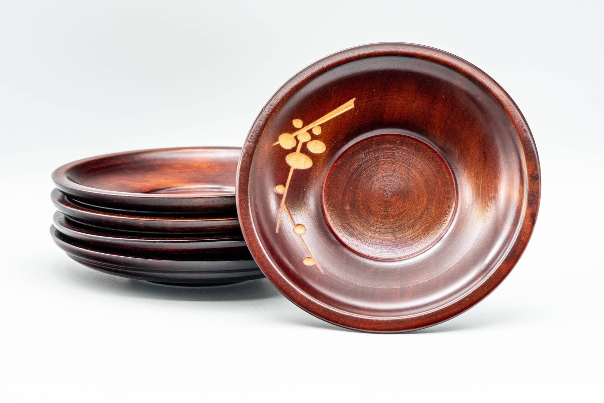 Japanese Chataku - Set of 5 Floral Engraved Red Wood Tea Saucers