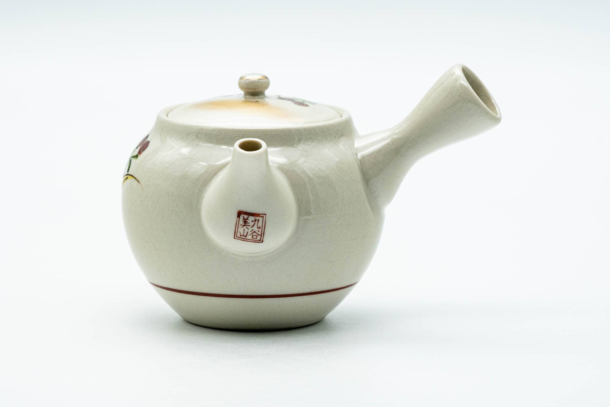 Japanese Tea Set - Beige Red Floral Kutani-yaki Kyusu Teapot with Katakuchi Water Cooler and 5 Yunomi Teacups