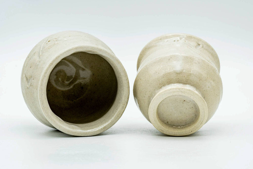 Japanese Teacups - Pair of Beige Circular Meoto Yunomi in Wooden Box