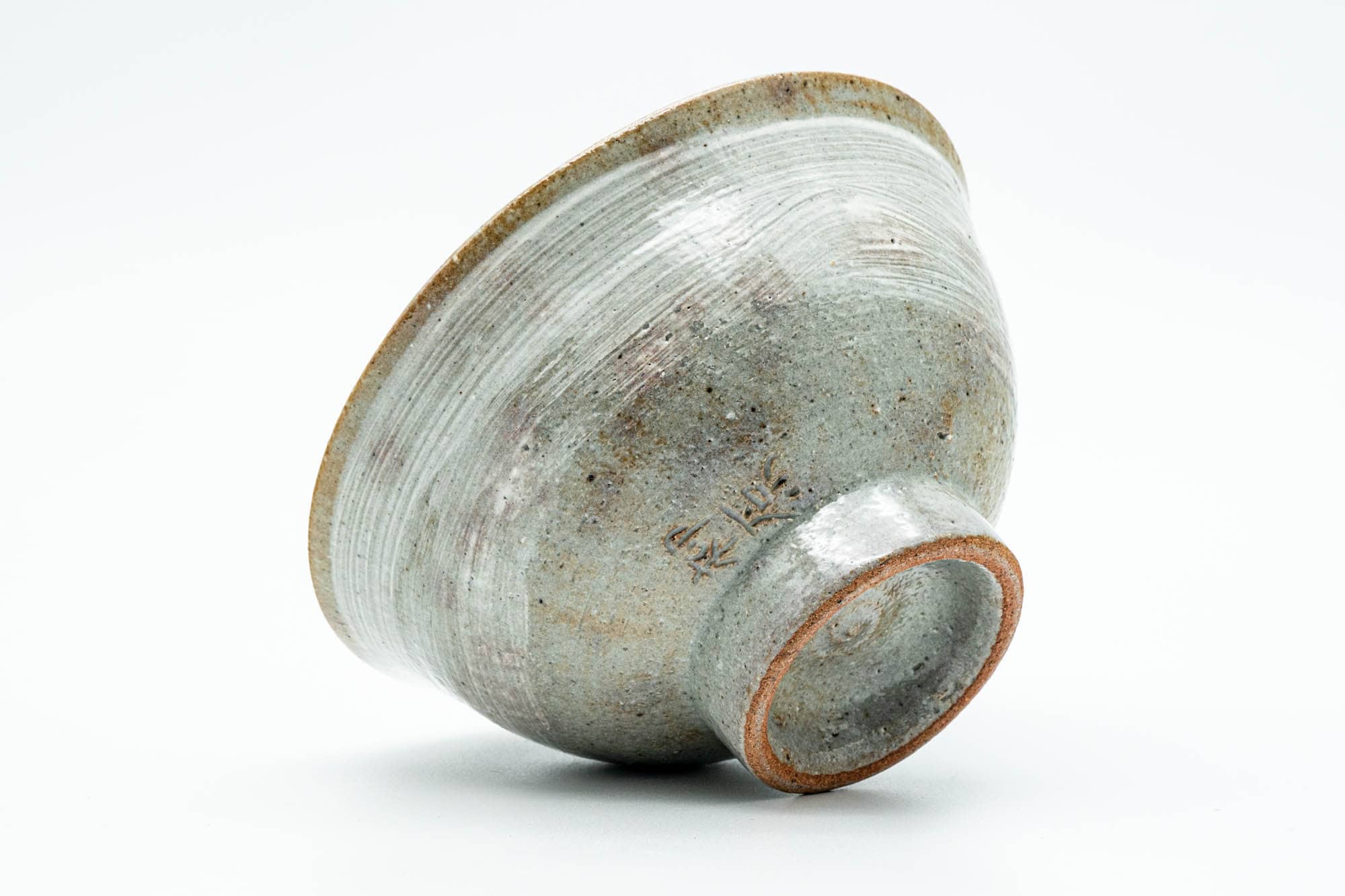 Japanese Matcha Bowl - Grey White Hakeme Textured Komogai-nari Chawan with Wooden Tomobako Box - 350ml