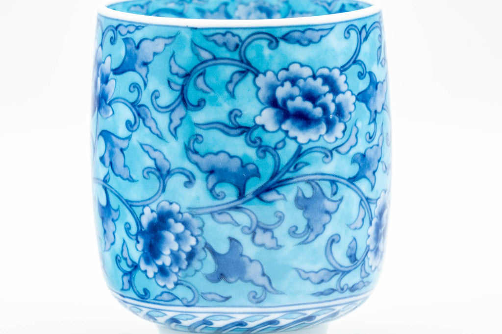 Japanese Teacup - Large Blue Floral Gold Kanji Arita-yaki Yunomi - 240ml