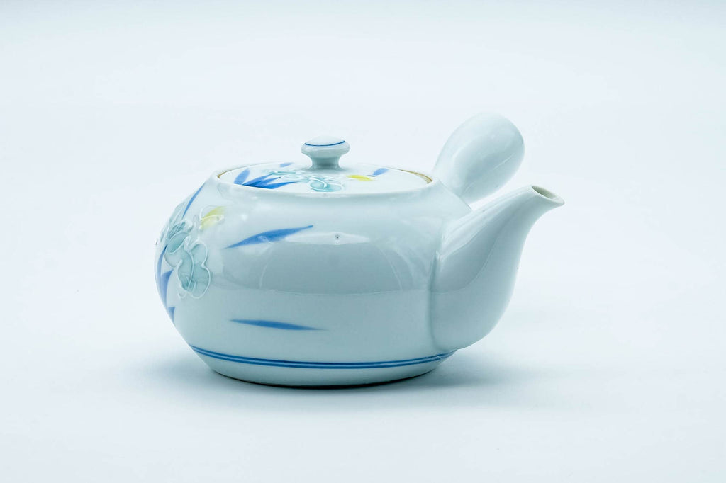 Japanese Kyusu - White Blue Floral Arita-yaki Porcelain Filter Teapot - 300ml