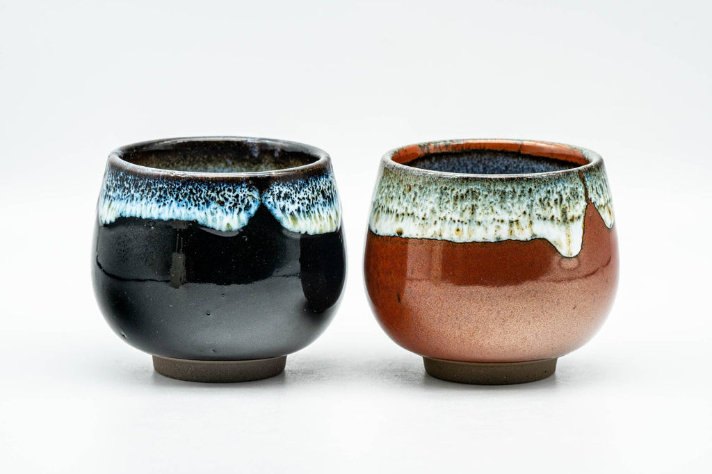 Japanese Teacups - Pair of Black and Red White Drip-Glazed Yunomi - 110ml