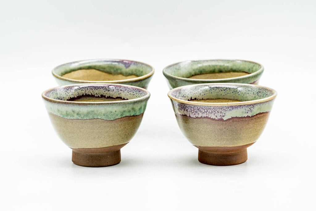 Japanese Teacups - Set of 4 Beige Green Drip-Glazed Agano-yaki Guinomi - 60ml