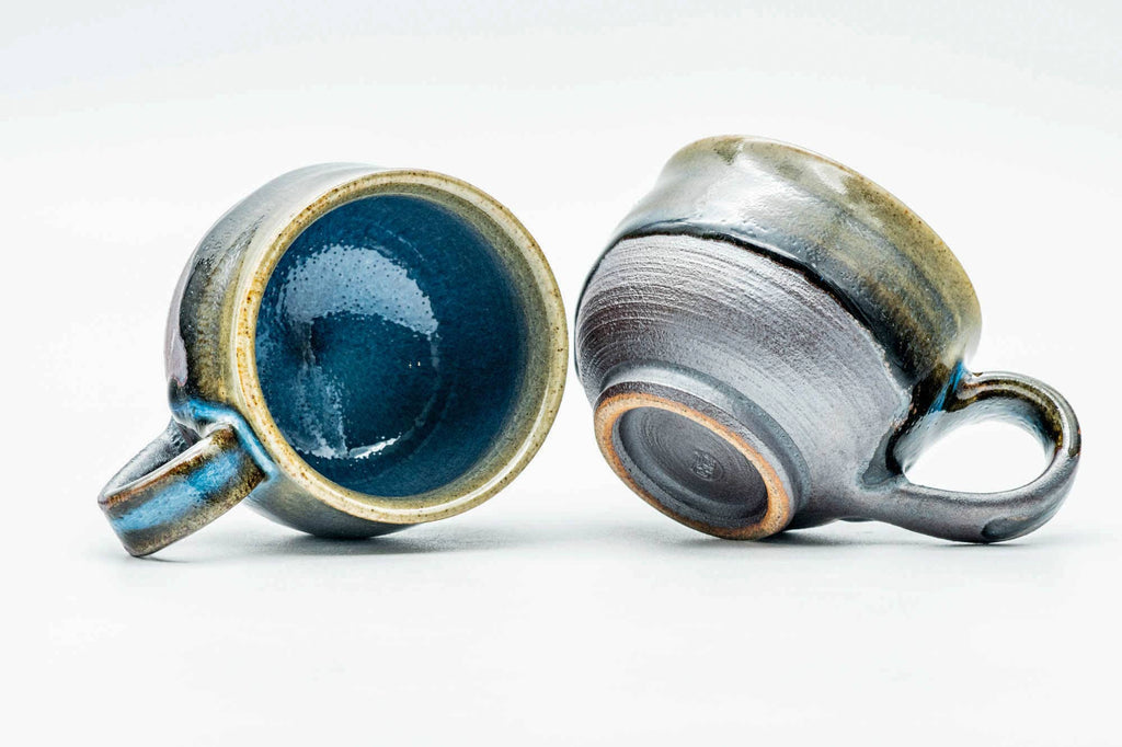 Japanese Teacups - Pair of Blue Green Drip-Glazed Ushirode Yunomi - 90ml