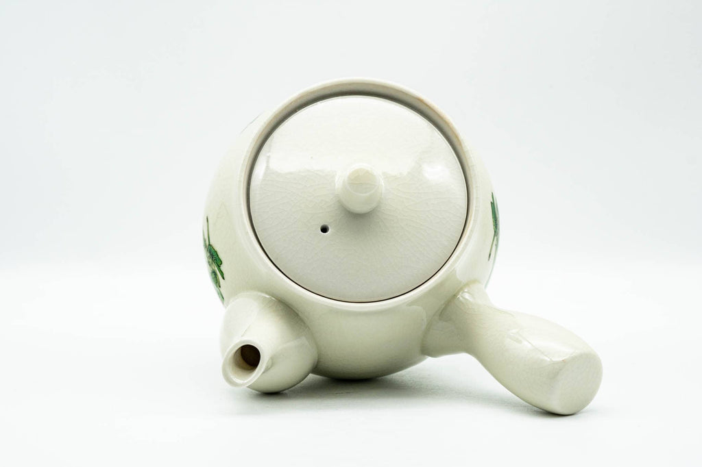 Japanese Kyusu - Beige Green Striped Snow Peas Kutani-yaki Debeso Teapot - 400ml