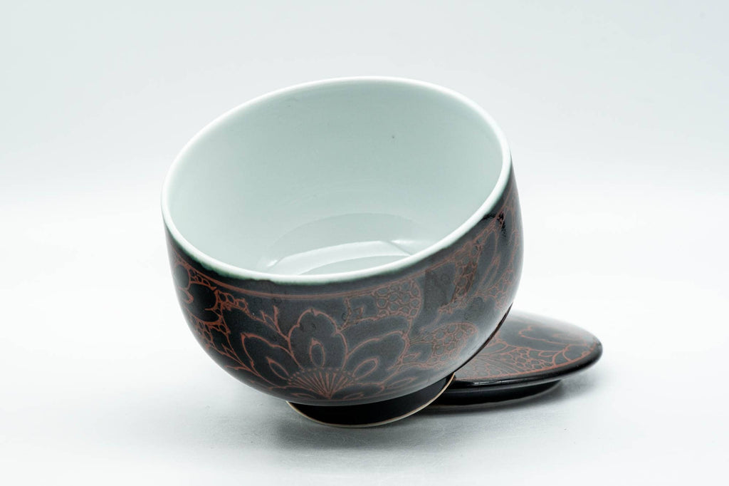 Japanese Teacup - Black Red Floral White Inner Glazed Arita-yaki Lidded Yunomi - 170ml