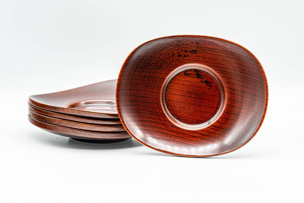 Japanese Chataku - Set of 5 Elliptical Wooden Lacquered Tea Saucers