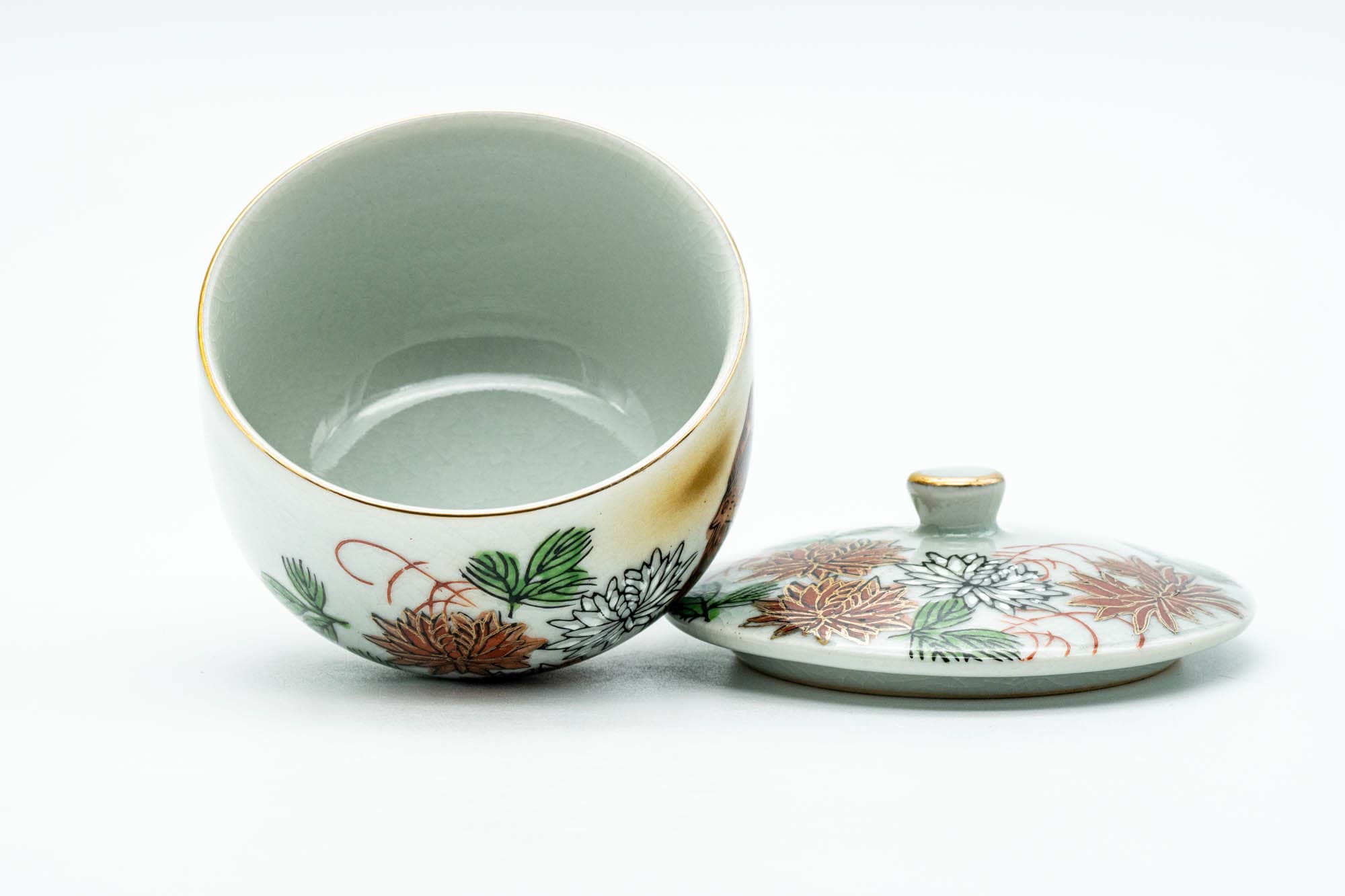 Japanese Tea Set - Floral Birds Kutani-yaki Kyusu Teapot and Lidded Yunomi