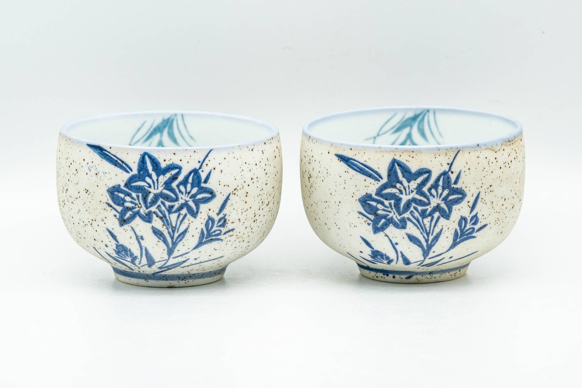 Japanese Teacups - Pair of Blue Floral Textured Arita-yaki Yunomi - 100ml