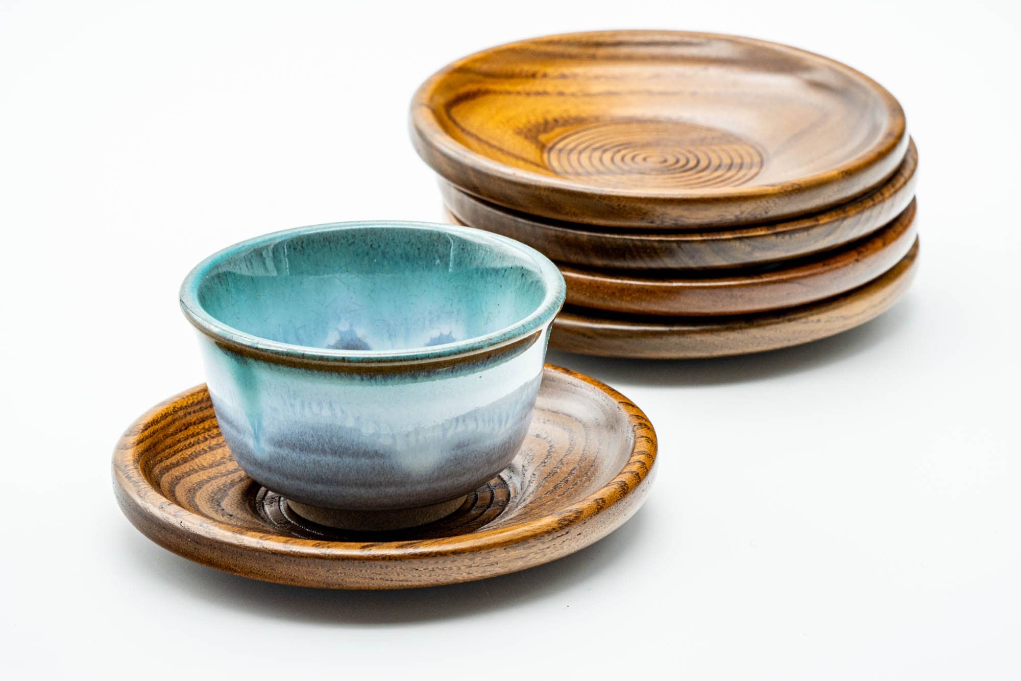 Japanese Chataku - Set of 5 Spiraling Wooden Tea Saucers