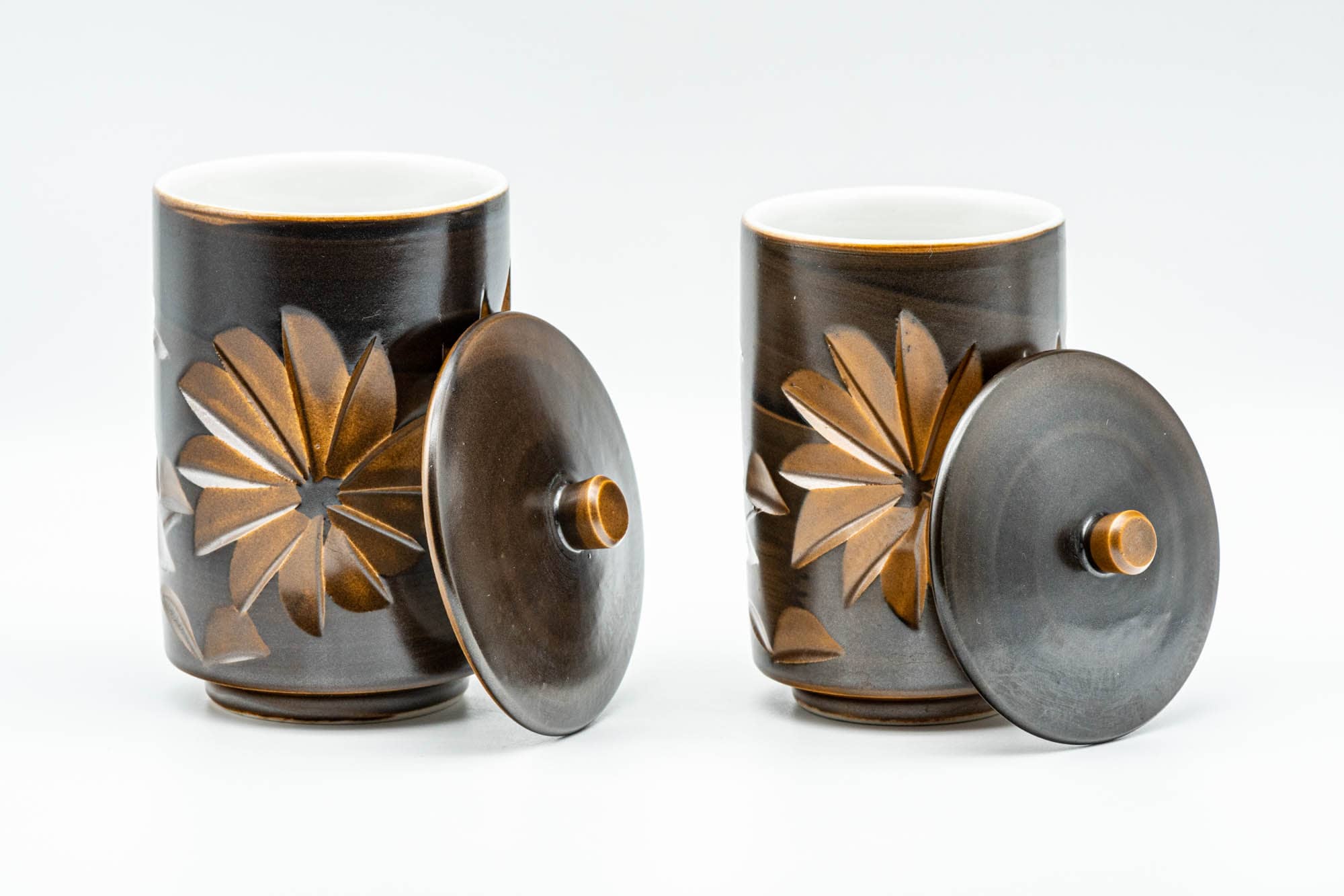 Japanese Teacups - Pair of Brown Floral Tsutsu-gata Lidded Meoto Yunomi