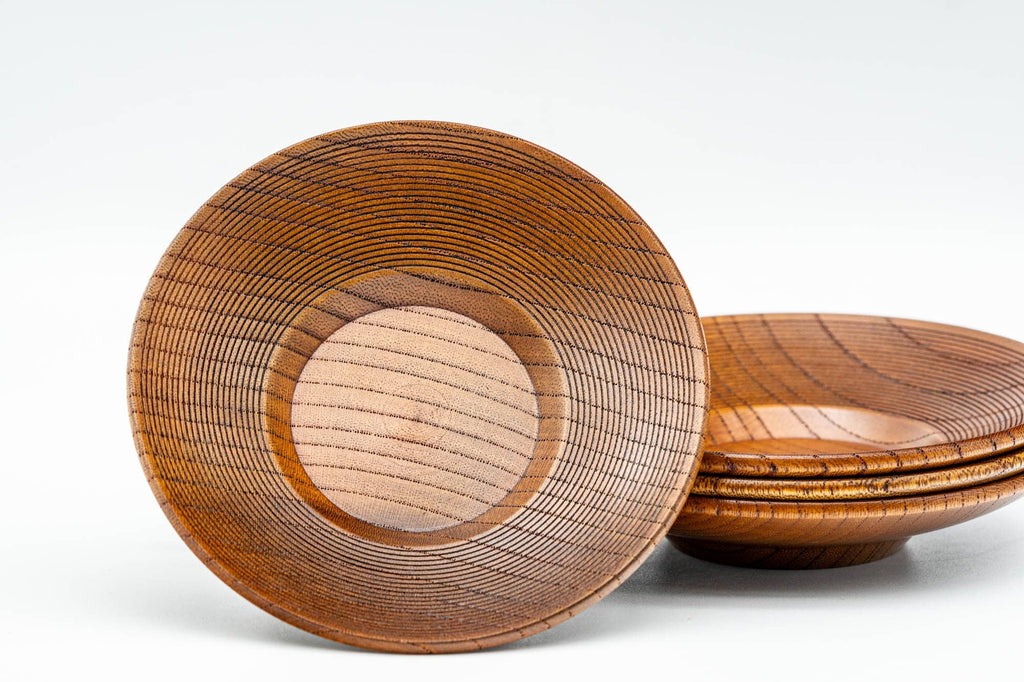Japanese Chataku - Set of 4 Spiraling Wooden Tea Saucers