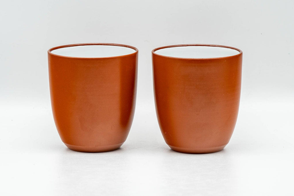 Japanese Teacups - Pair of Smooth Red Shudei White Inner-Glazed Tokoname-yaki Yunomi - 130ml