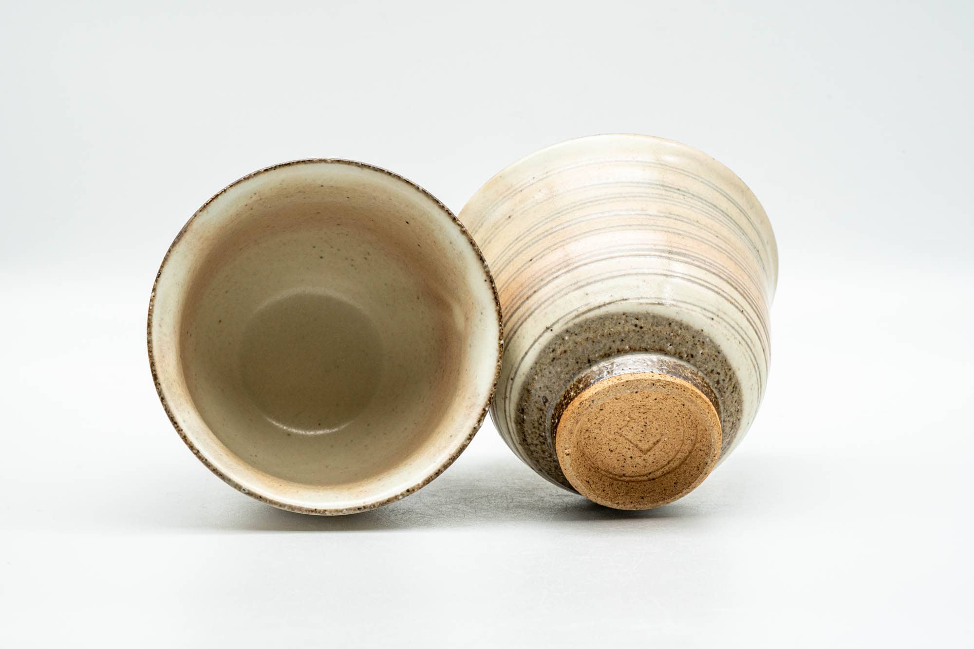 Japanese Teacups - Pair of Beige Pink Glazed Spiraling Yunomi - 150ml