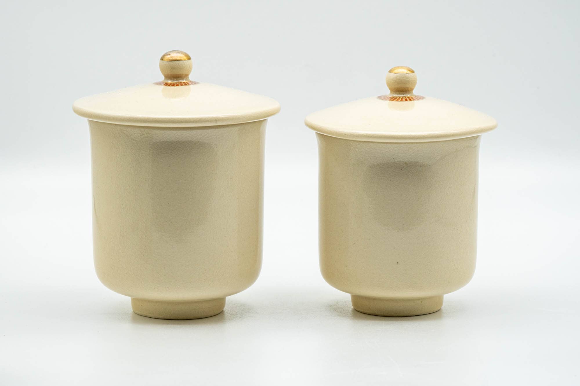 Japanese Teacups - Pair of Floral Beige Glazed Kutani-yaki Lidded Meoto Yunomi
