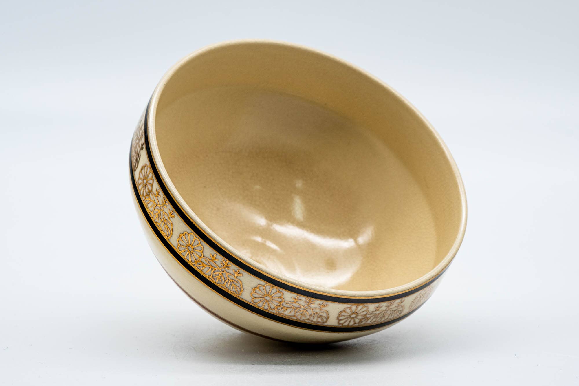 Japanese Matcha Bowl - Beige Floral Striped Kyo-yaki Chawan - 200ml