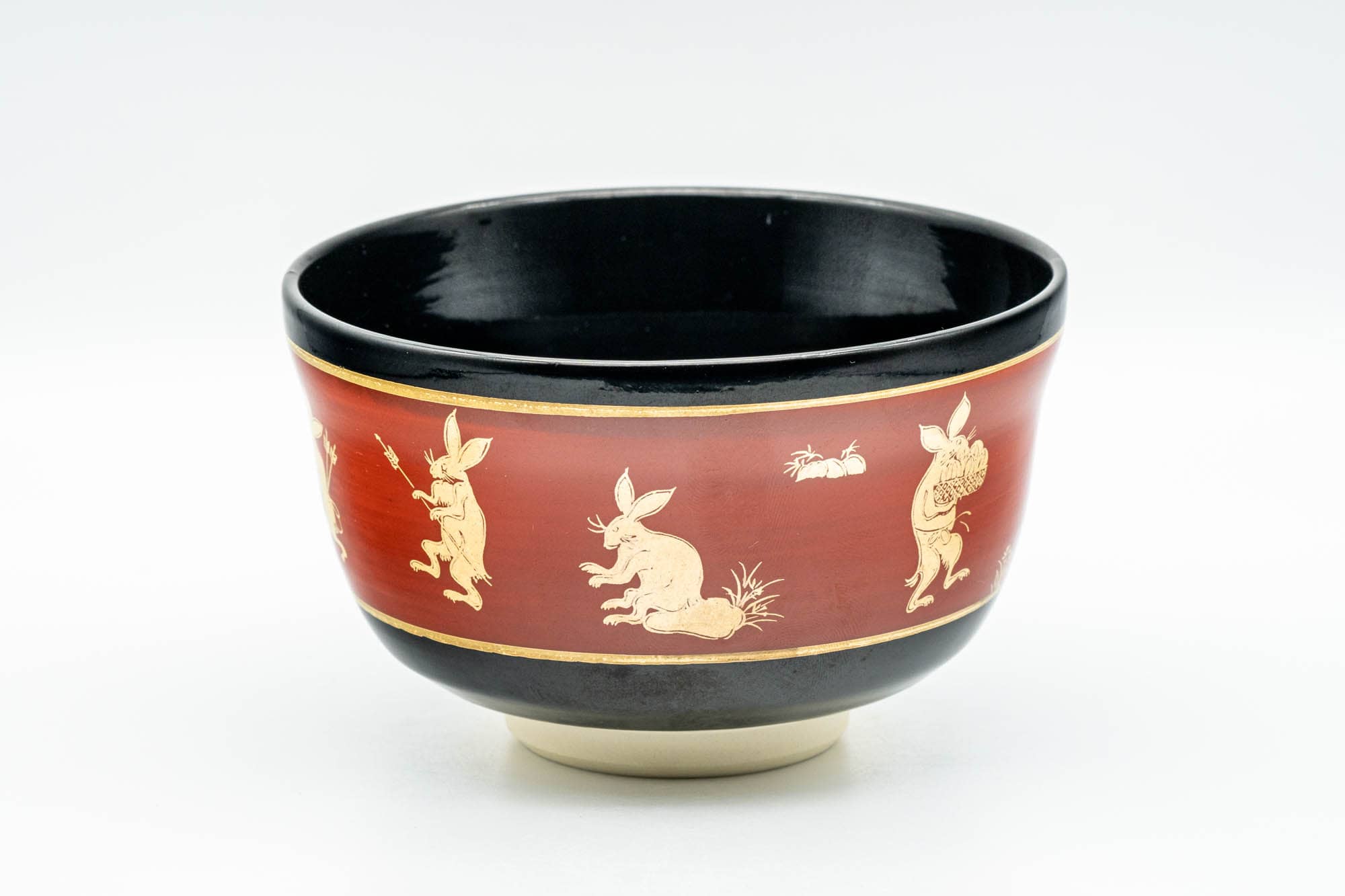 Japanese Matcha Bowl - Gold Bunny Rabbits Black Red Glazed Kyo-yaki Chawan - 350ml