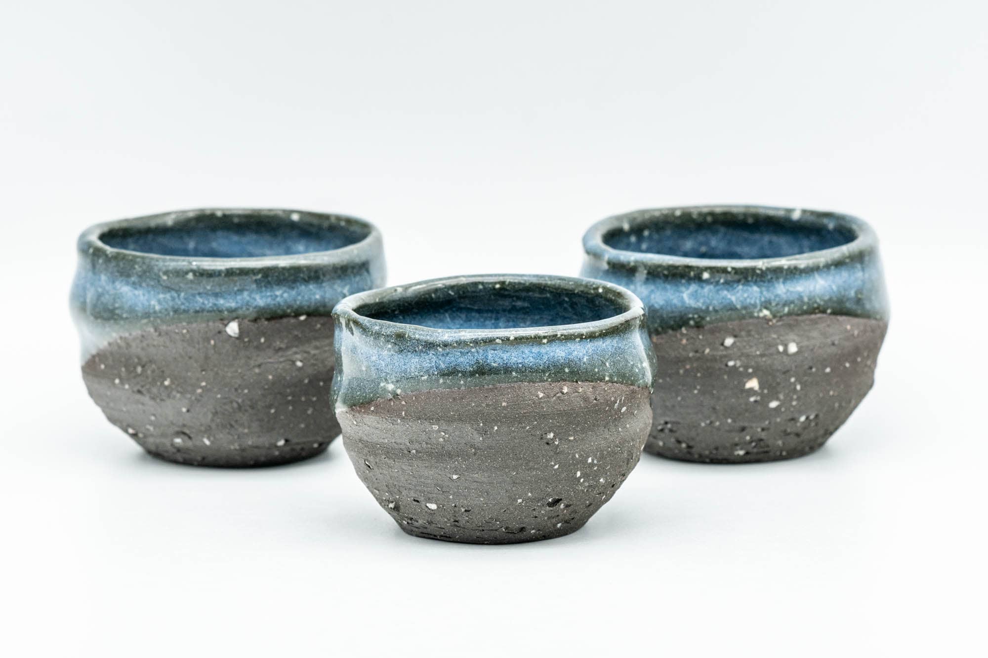 Japanese Teacups - Set of 3 Blue Celadon Snowflake Glazed Stoneware Guinomi - 60ml