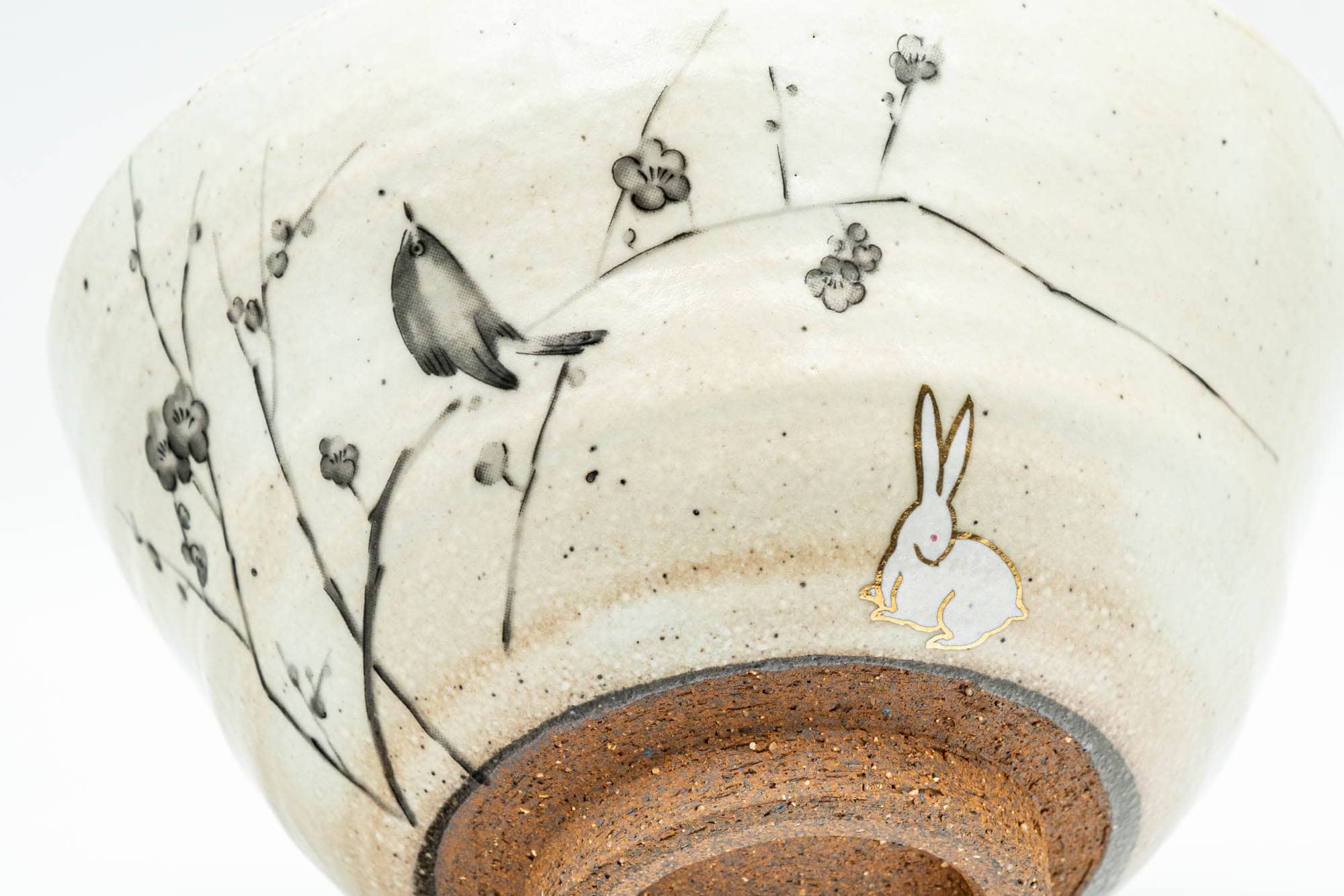 Japanese Matcha Bowl - Bunny Rabbit Plum Blossoms Milky White Glazed Chawan - 300ml