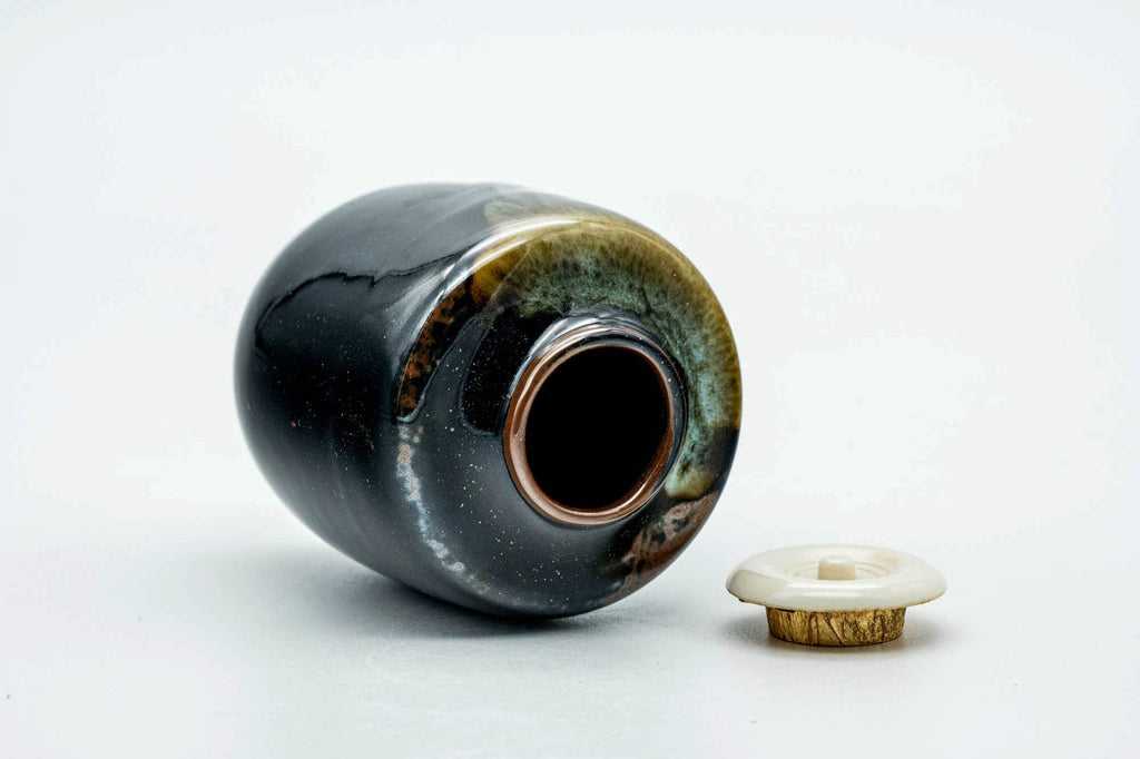 Japanese Chaire - Black Drip-Glazed Katatsuki Seto-yaki Tea Canister with Shifuku