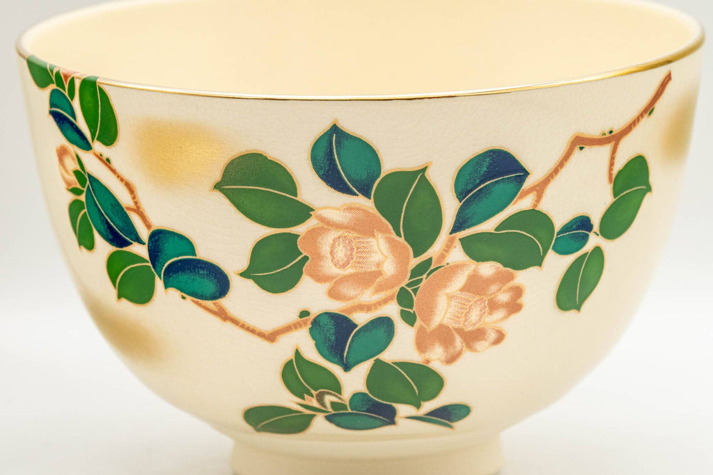 Japanese Matcha Bowl - Beige Floral Wan-nari Kyo-yaki Chawan - 400ml