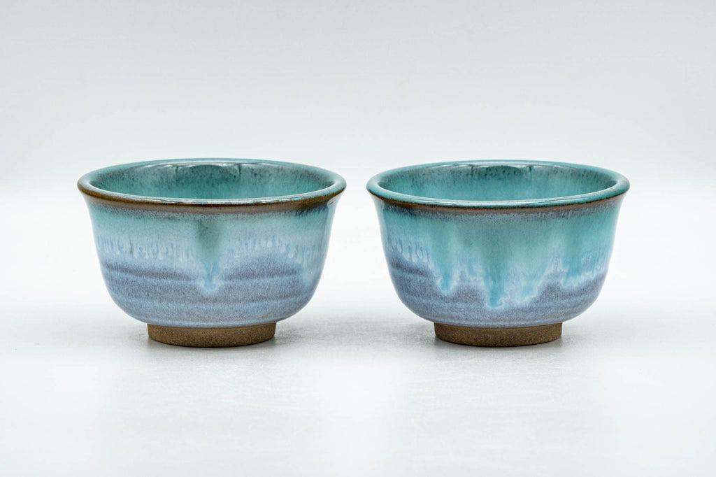 Japanese Teacups - Pair of Purple Turquoise Drip-Glazed Agano-yaki Yunomi - 100ml