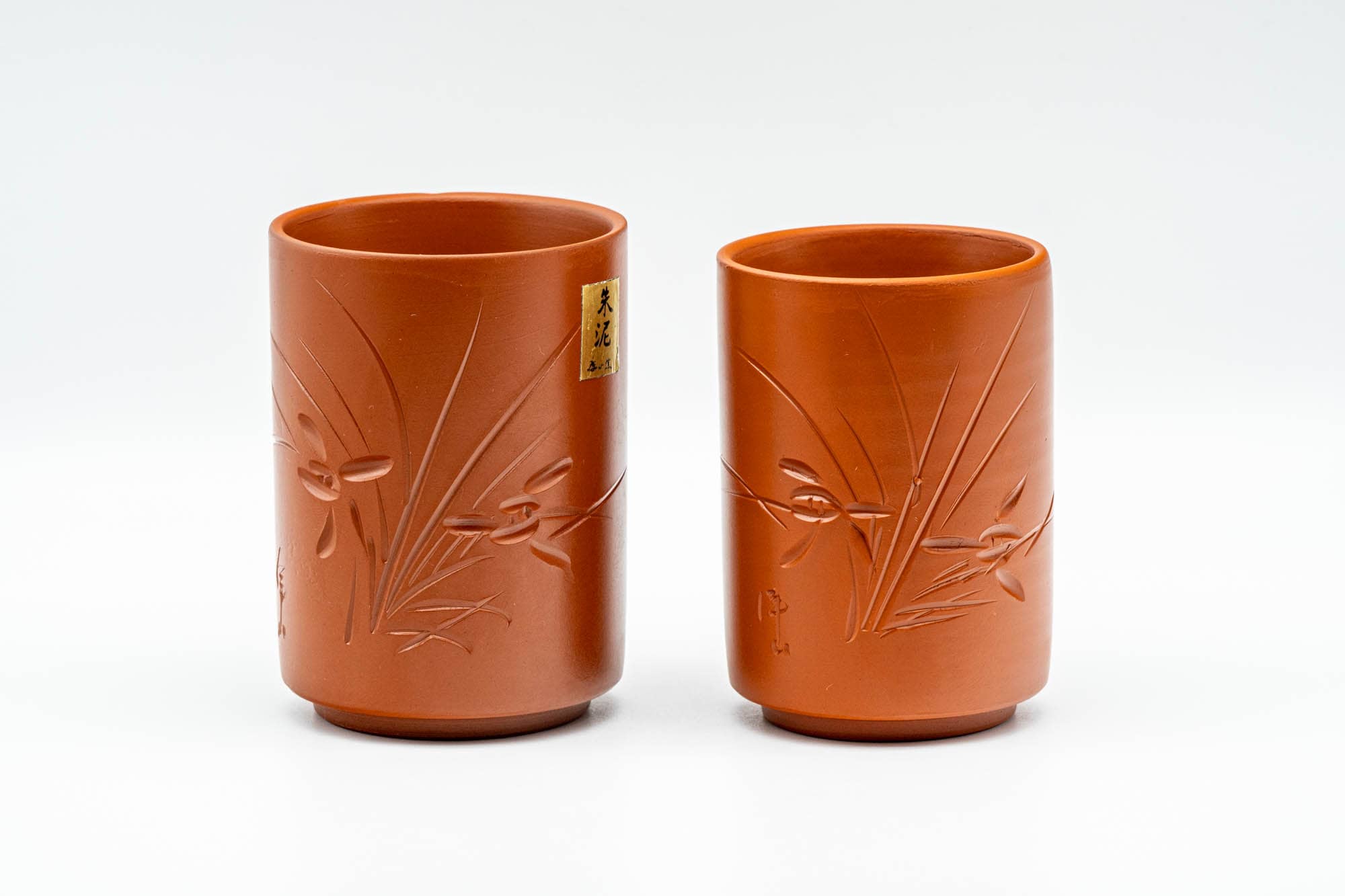 Japanese Teacups - Pair of Bamboo Engraved Tokoname-yaki Meoto Yunomi
