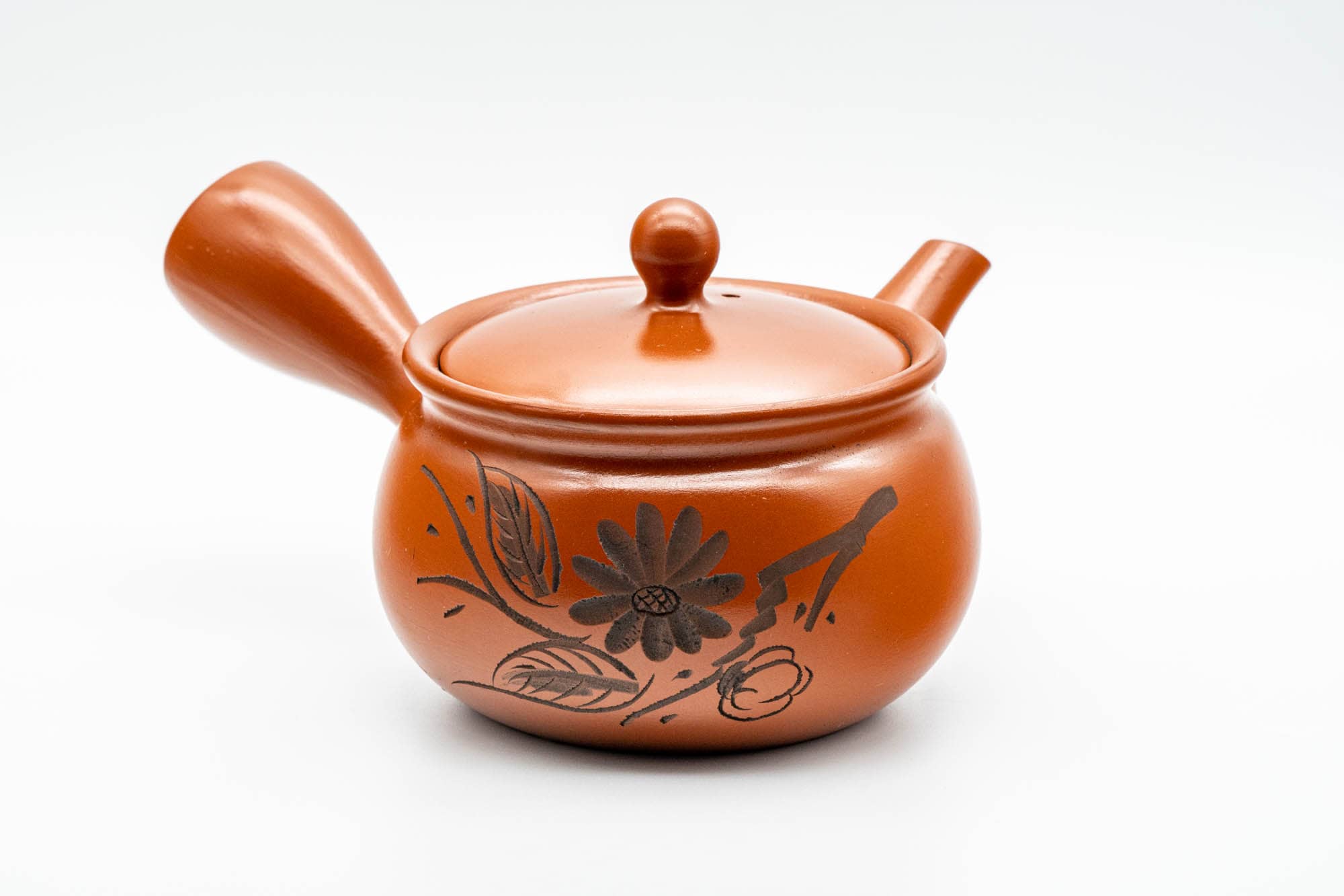 Japanese Kyusu - Engraved Chrysanthemum Tokoname-yaki Teapot with Mesh Strainer - 350ml