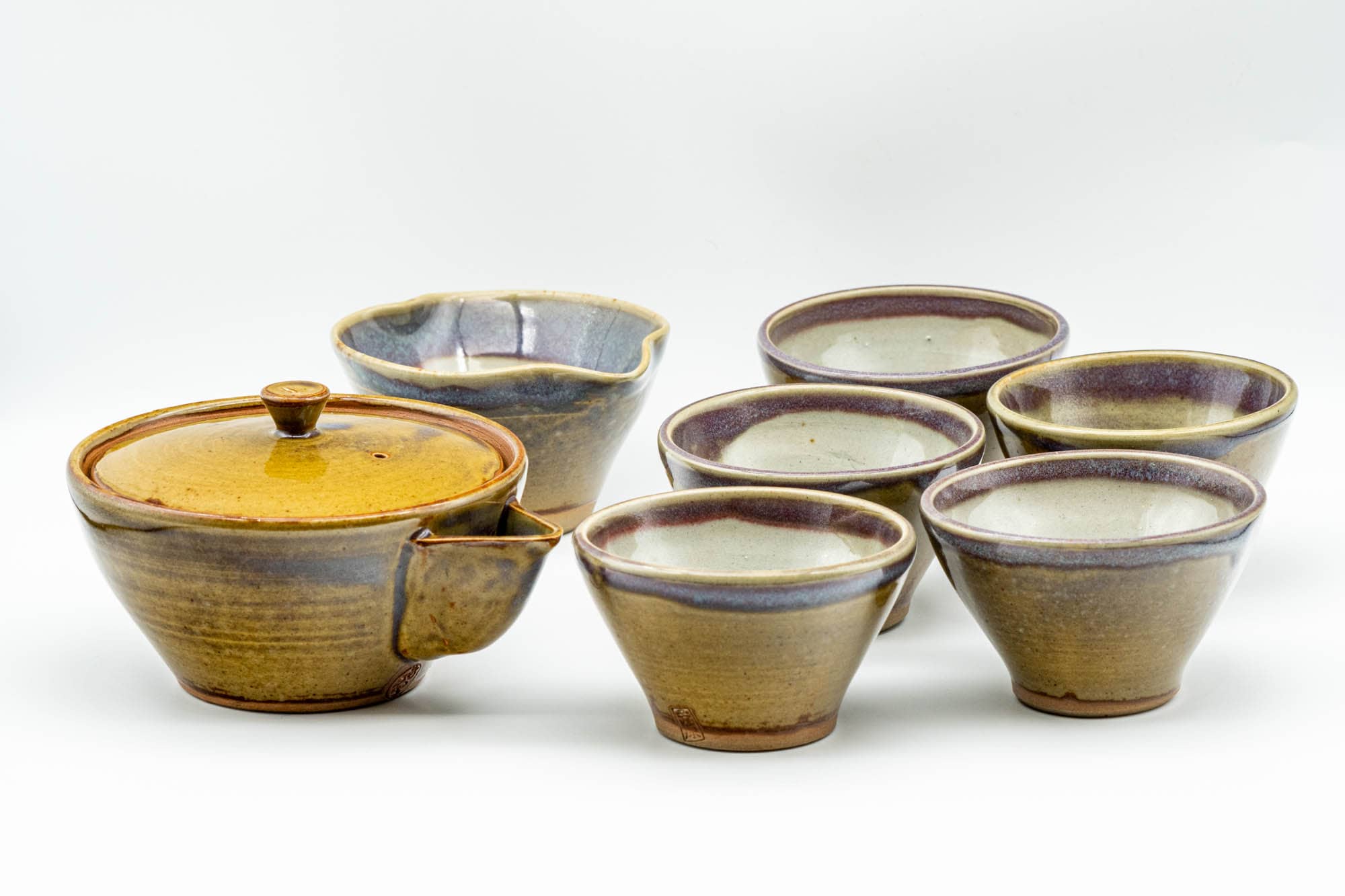 Japanese Tea Set - Green Purple Drip-Glazed Houhin Teapot - Katakuchi Water Cooler - 5 Yunomi Teacups