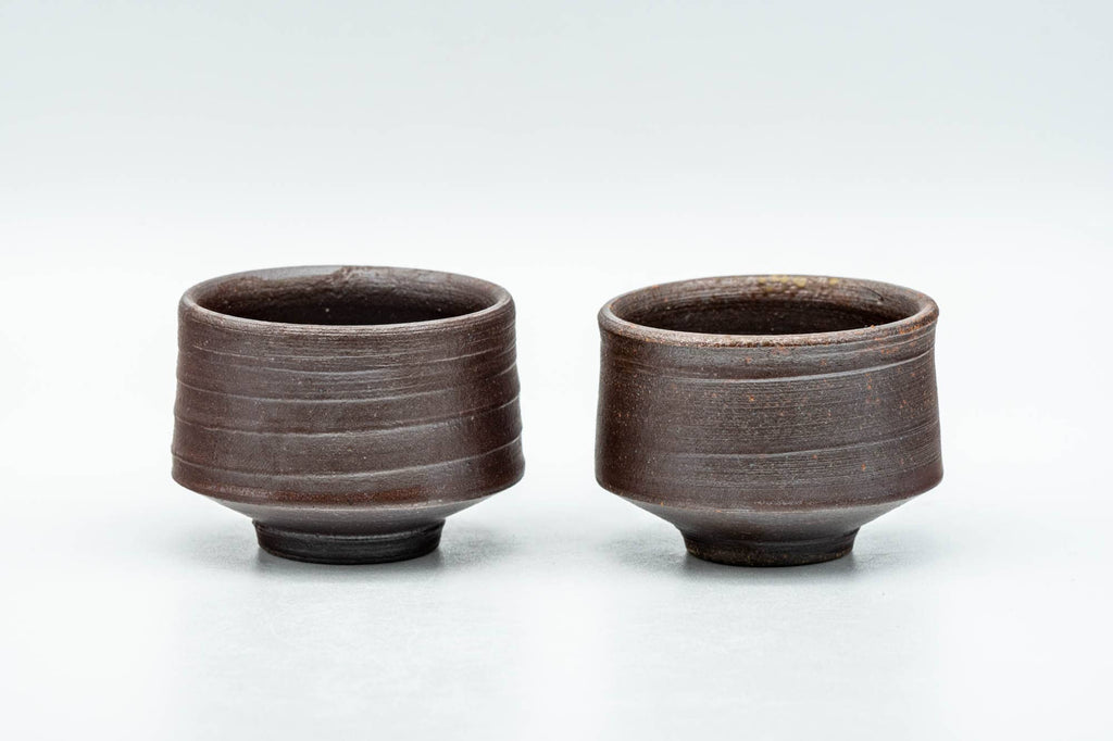 Japanese Teacups - Pair of Brown Spiraling Stoneware Guinomi - 40ml