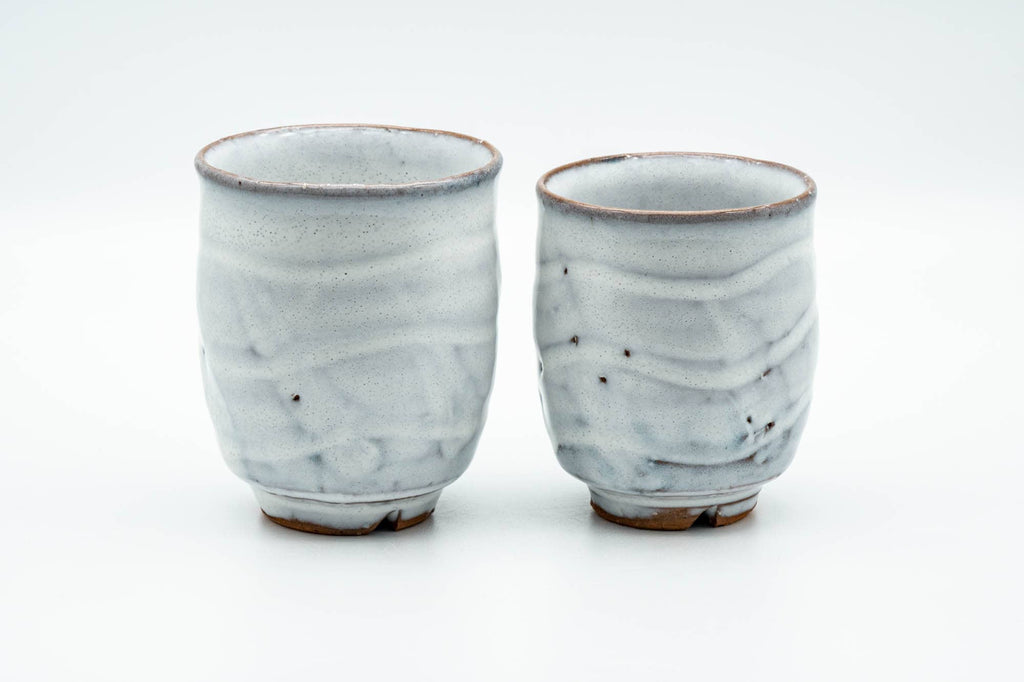 Japanese Teacups - Pair of Milky White Glazed Wavy Meoto Yunomi