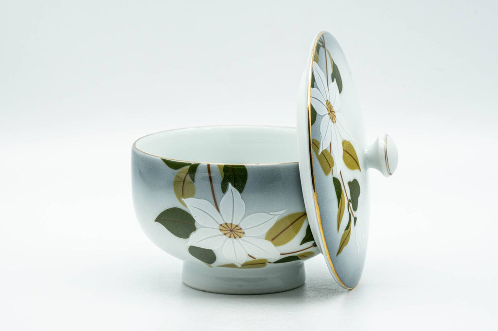 Japanese Teacup - White Floral Arita-yaki Lidded Yunomi - 130ml