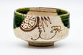 Japanese Matcha Bowl - Beige Green Floral Oribe-yaki Chawan - 200ml