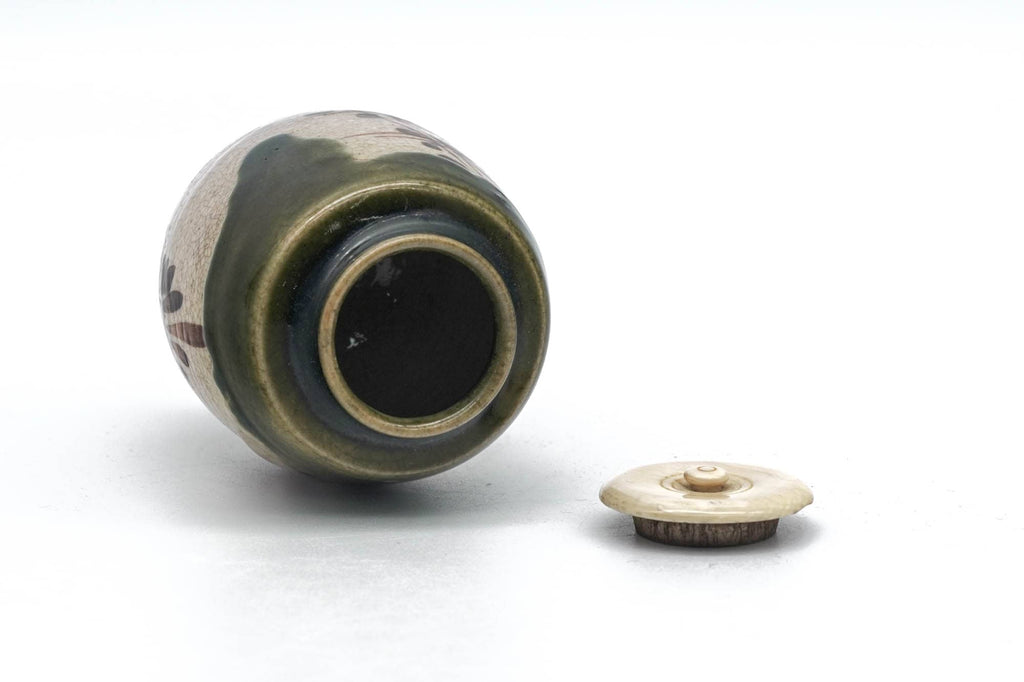 Japanese Chaire - Beige Green Oribe-yaki Tea Jar with Shifuku