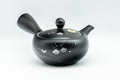 Japanese Kyusu - Floral Engraved Black Kurodei Tokoname-yaki Obi-ami Teapot - 300ml