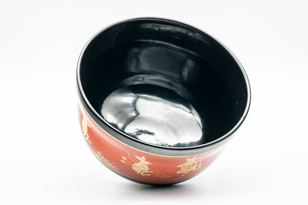 Japanese Matcha Bowl - Gold Bunny Rabbits Black Red Glazed Kyo-yaki Chawan - 350ml