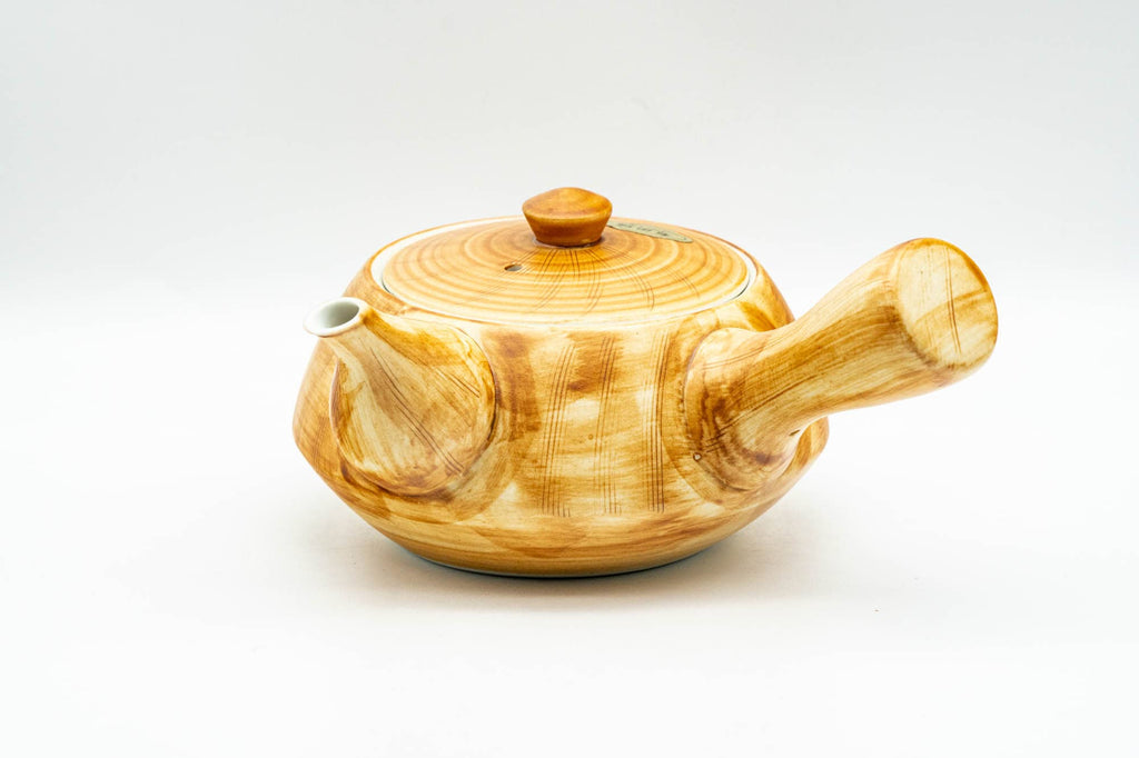 Japanese Tea Set - Yellow Blue Floral White Inner-Glazed Arita-yaki Kyusu Teapot with Katakuchi Water Cooler and 5 Yunomi Teacups