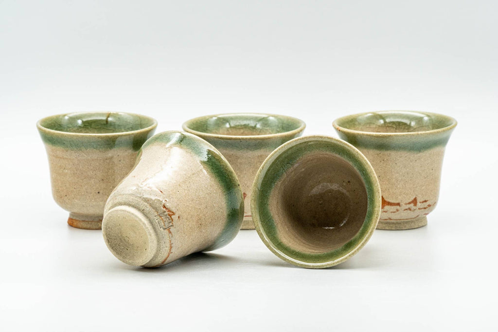 Japanese Teacups - Set of 5 Beige Green Glazed Guinomi - 40ml