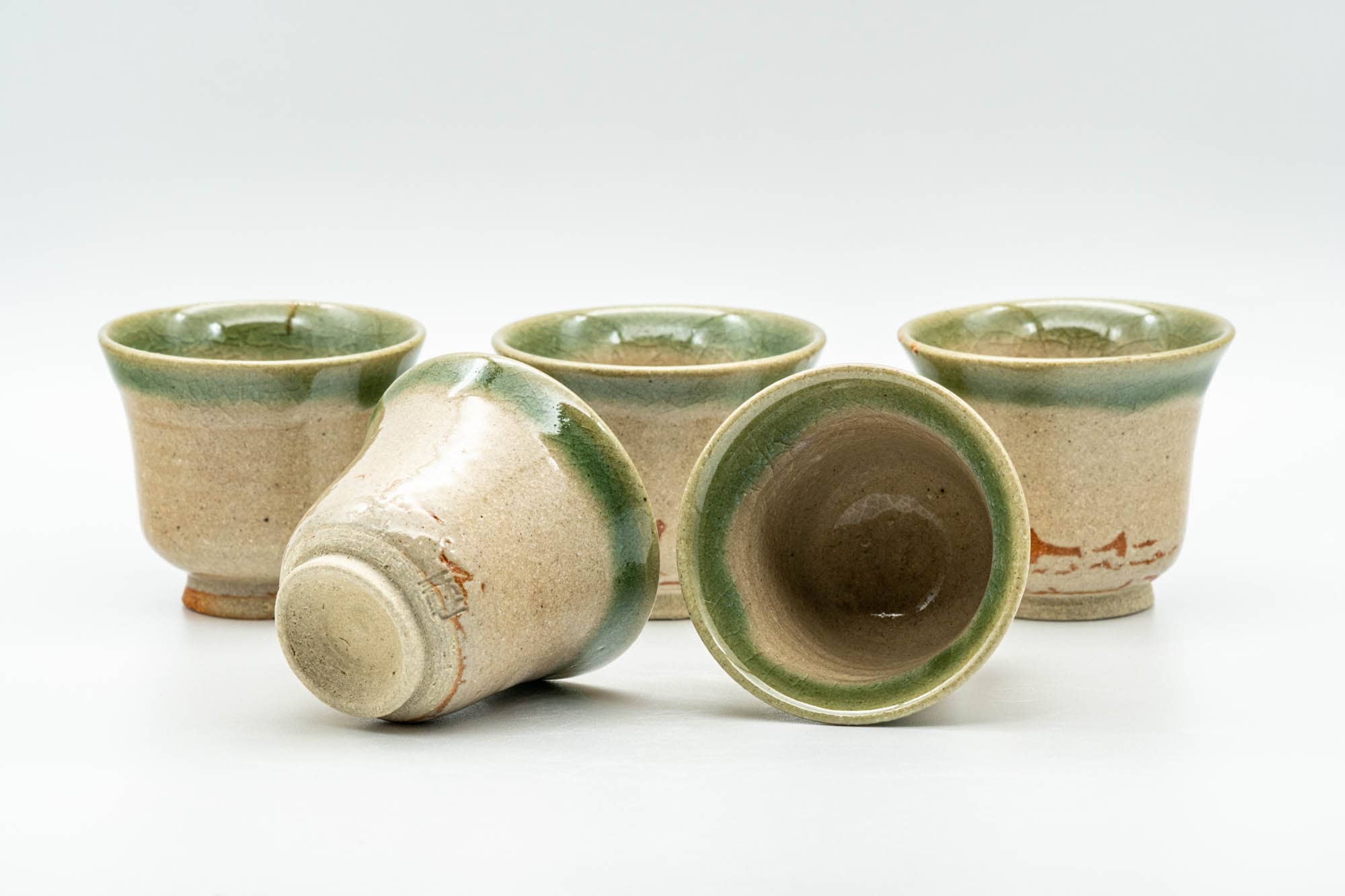 Japanese Teacups - Set of 5 Beige Green Glazed Guinomi - 40ml