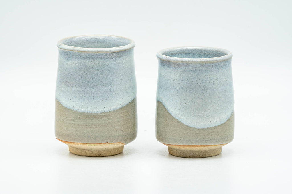 Japanese Teacups - Pair of Beige White Glazed Hagi-yaki Meoto Yunomi in Wooden Box