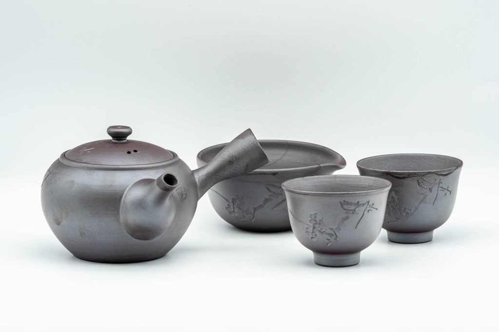 Japanese Tea Set - Engraved Banko-yaki Debeso Kyusu Teapot with Katakuchi Water Cooler and 2 White Inner-Glazed Yunomi Teacups