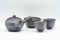 Japanese Tea Set - Engraved Banko-yaki Debeso Kyusu Teapot with Katakuchi Water Cooler and 2 White Inner-Glazed Yunomi Teacups