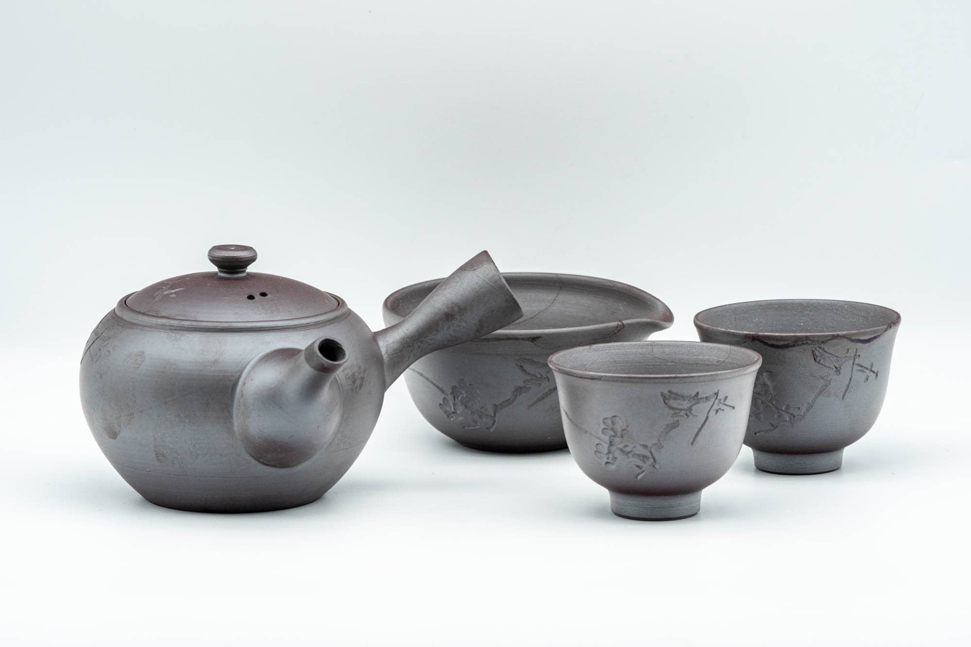 Japanese Tea Set - Engraved Banko-yaki Debeso Kyusu Teapot with Katakuchi Water Cooler and 2 White Inner-Glazed Yunomi Teacups