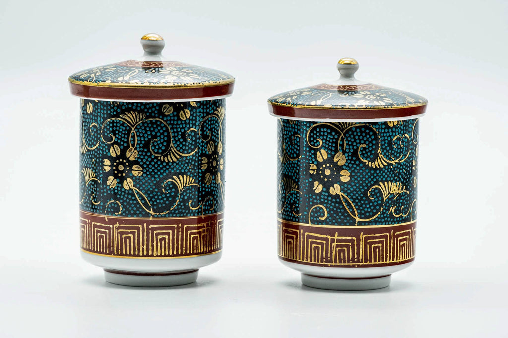 Japanese Teacups - Pair of Blue Gold Aochibu Kutani-yaki Lidded Meoto Yunomi